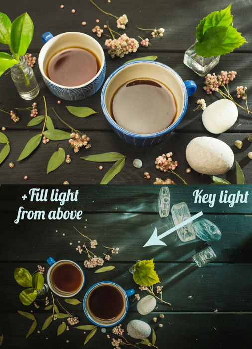 a creative still life diptych featuring cool reflections in a coffee cup