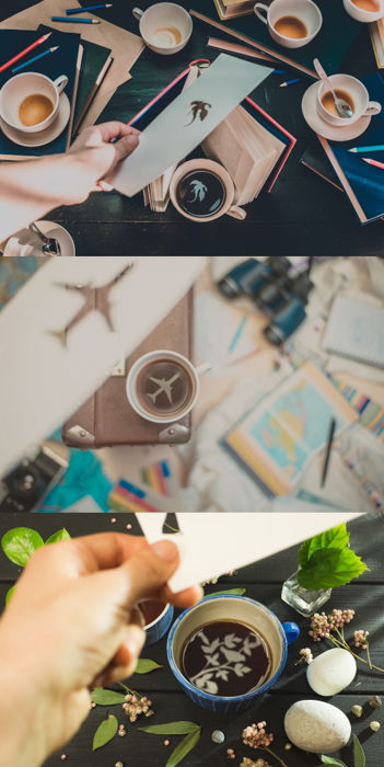 a creative still life triptych featuring different shaped reflections in a coffee cup