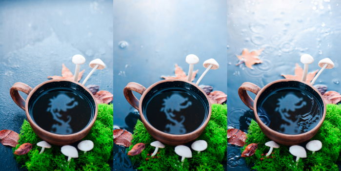 a creative still life triptych featuring a cool reflection in a coffee cup