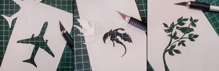 a triptych of cutting silhouettes from paper to make creative reflections in drink photography