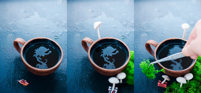 a still life triptych featuring creative reflections in a coffee cup