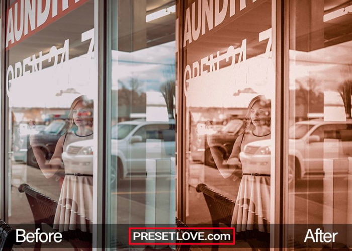 Photo of a woman standing at the window of a laundry shop in orginal and in antique bronze preset