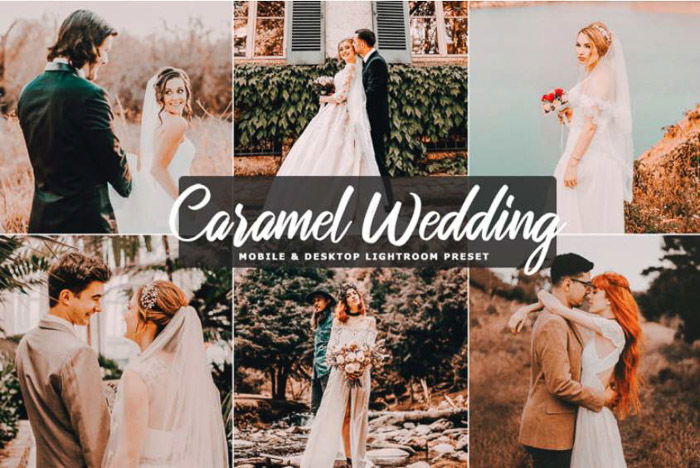 A montage of wedding photos edited with caramel wedding free lightroom presets