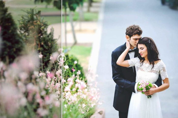 A wedding photo of a bride with the groom hugging her from behind, edited with elegant wedding free Lightroom preset