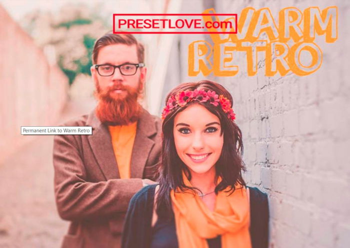 Photo of a woman with a bearded man behind her and a text in the upper right corner warm retro preset