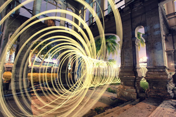 Photo with the use of light painting technique inside an abandoned building