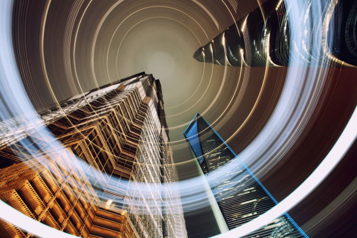 Photo of a cityscape from a worm's eye view with light painting