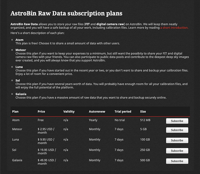 A screenshot of the AstroBin website raw data subscription plans