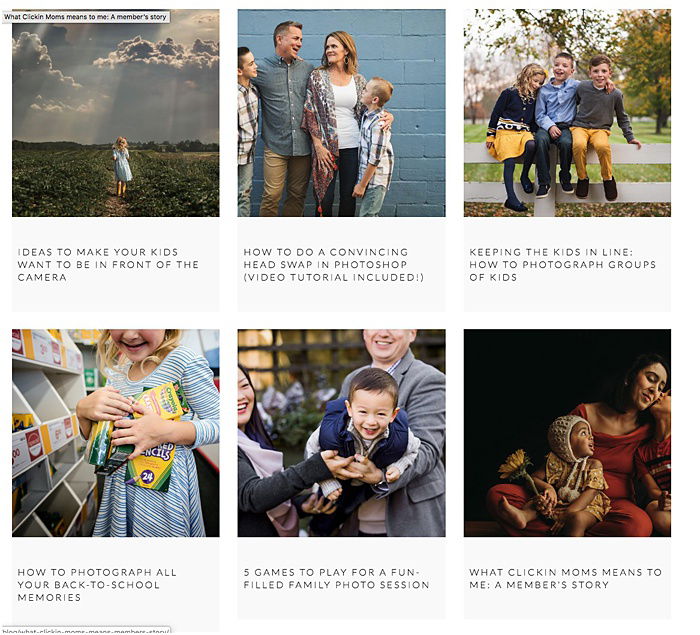 Screenshot of the family photography blog Clickin' moms