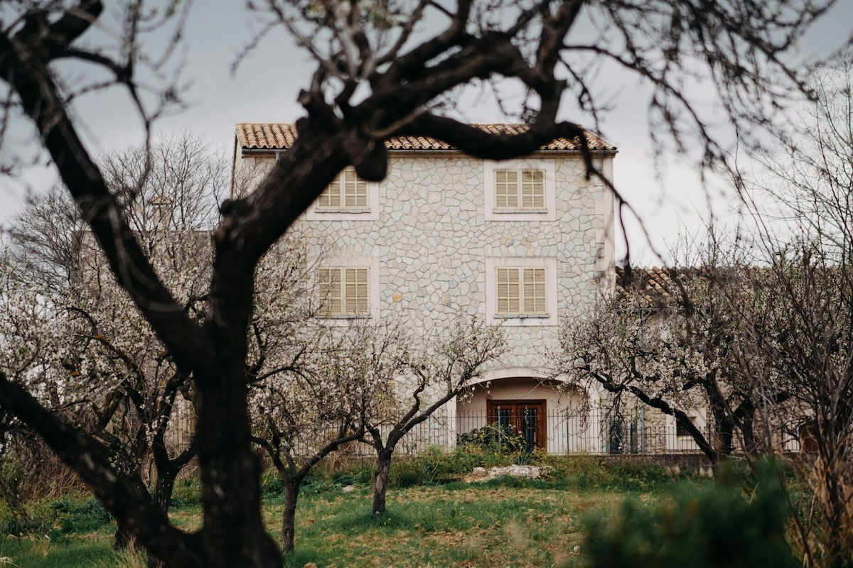 A house in the distance with blurred trees and bushes in the foreground as a way of framing in photography