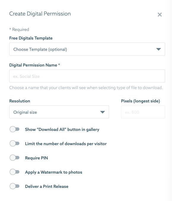 A user interface for creating digital permission, displaying an input form with options to select template, size, and resolution. 