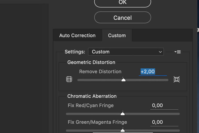 Illustrative screenshot of Photoshop lens correction