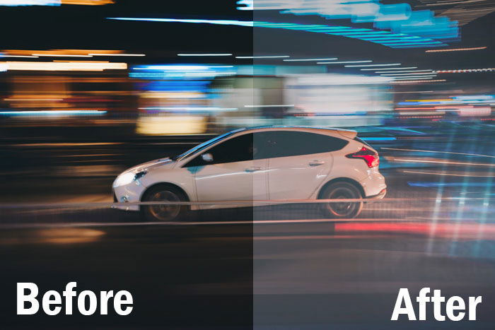 action shot of a speeding car at night, split screen showing before and after editing with Lightroom sports presets 