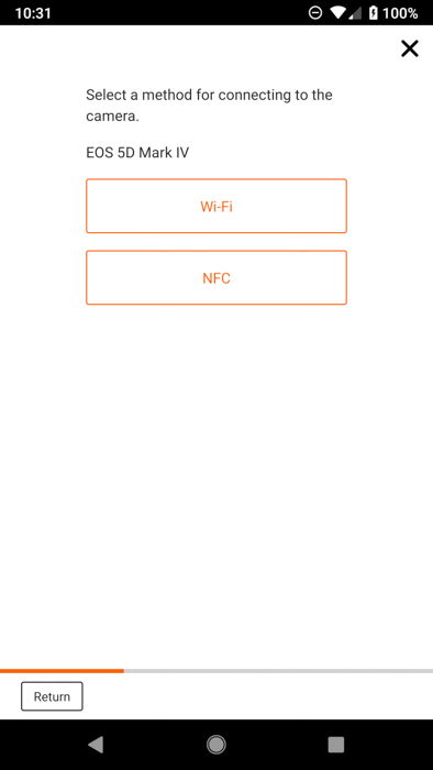 The connection screen in the camera connect app 