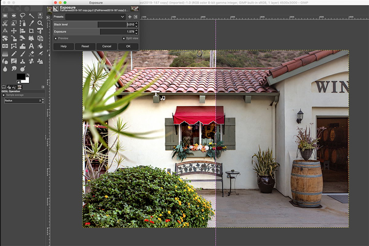 Screenshot of Gimp software editing a photo of a building facade