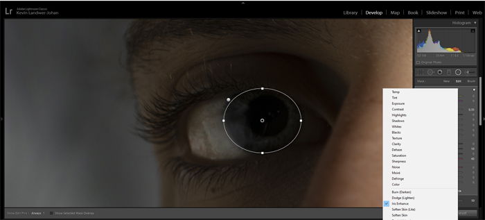 a screenshot showing how to enhance eyes in Lightroom 