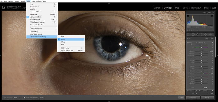 a screenshot showing how to enhance eyes in Lightroom 