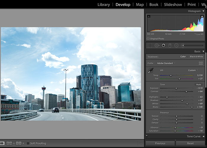 Screenshot of editing sky in Lightroom