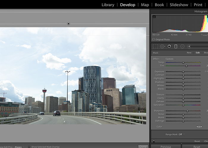 Screenshot of editing sky in Lightroom