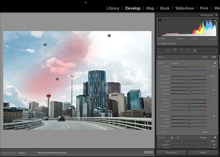 Screenshot of editing sky in Lightroom