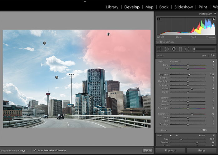 Screenshot of editing sky in Lightroom