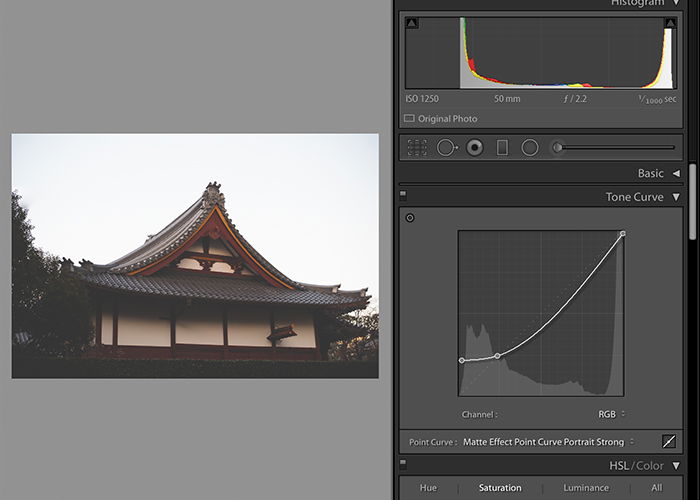 Screenshot of editing a photo in Lightroom matte effect