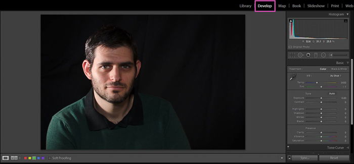 Editing a portrait photo of a man in Lightroom