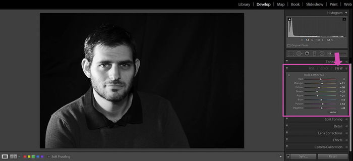 Editing a portrait photo of a man in Lightroom