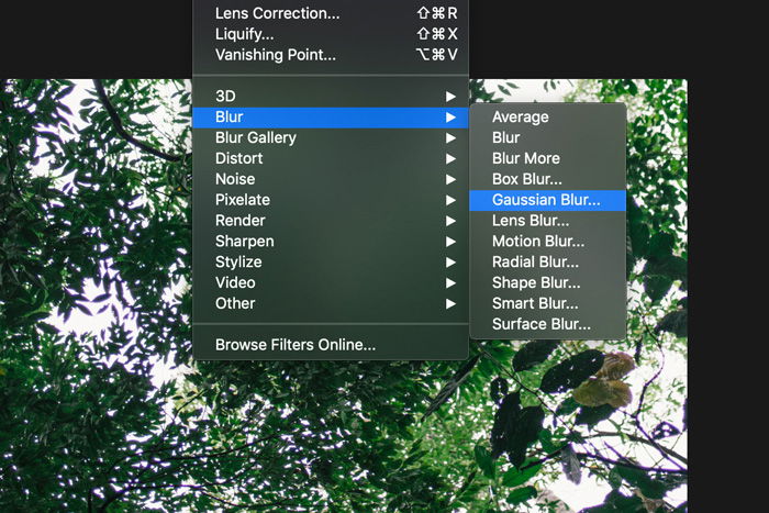 a screenshot showing how to apply Gaussian blur in Photoshop