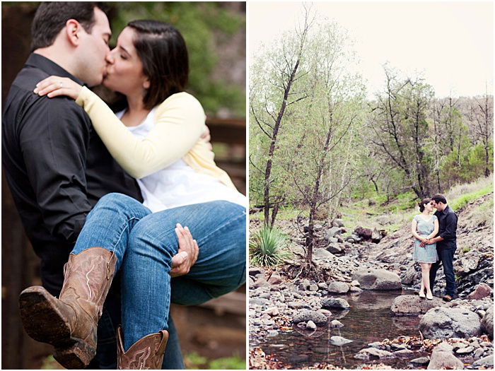 A couple kissing and walking in the woods 