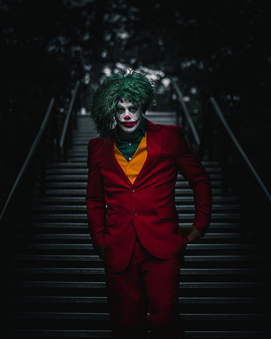 The iconic image from the new Joker film re-created using costume and make up