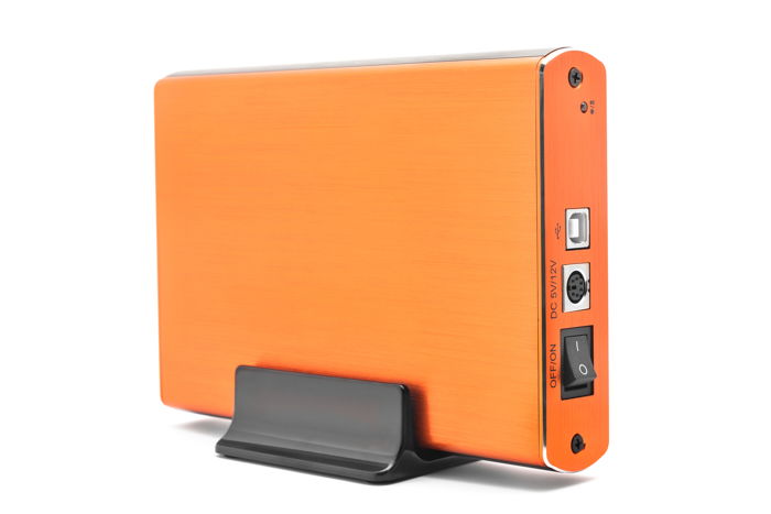 Photo of a portable hard drive in orange