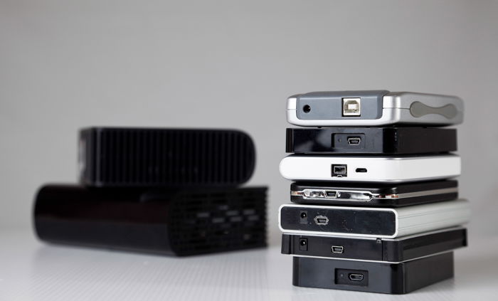 Photo of external hard drives stacked on top of each other