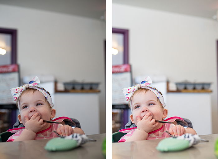 a diptych photo of a baby eating at a table, comparing two different photo editing styles