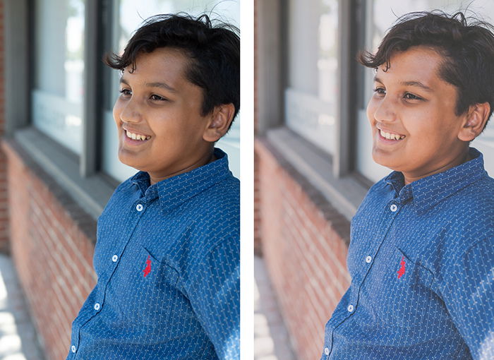 diptych portrait of a boy, the second edited in a matte photo style