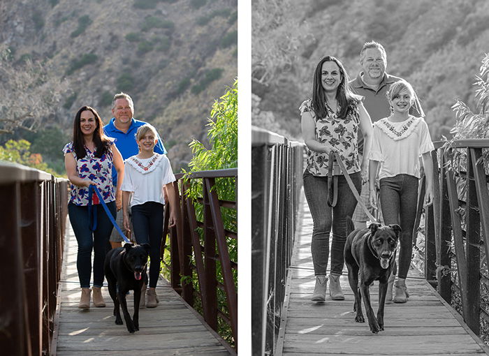 diptych portrait of a family walking across a small wooden bridge, the second edited in a black and white editing style 