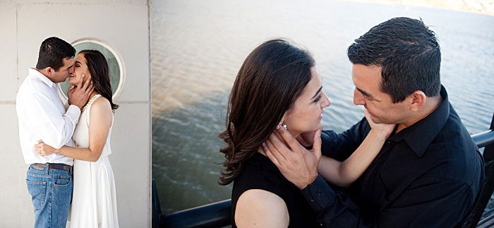 a diptych portrait of a couple trying engagement photo poses on a boat