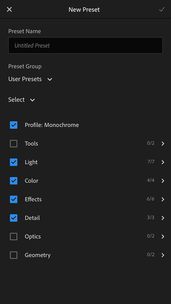 How to name, organize and select settings for new presets 