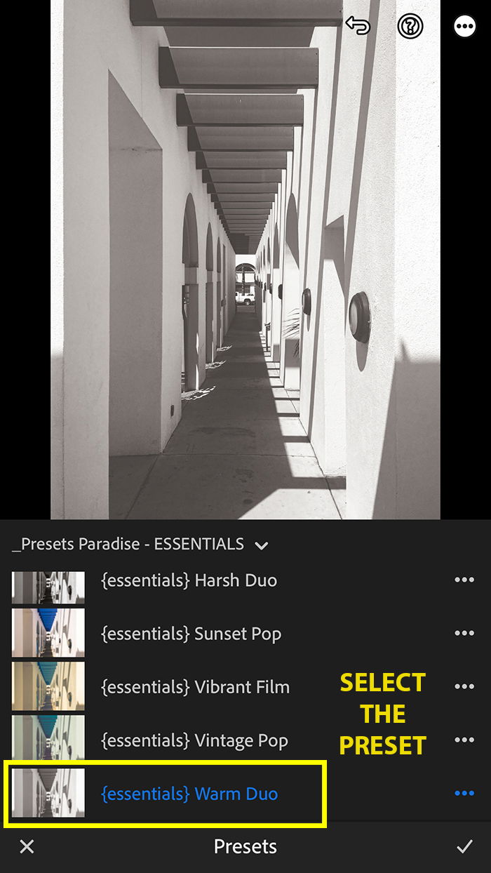 Select your preset from the list and tap the checkmark when ready to finalize