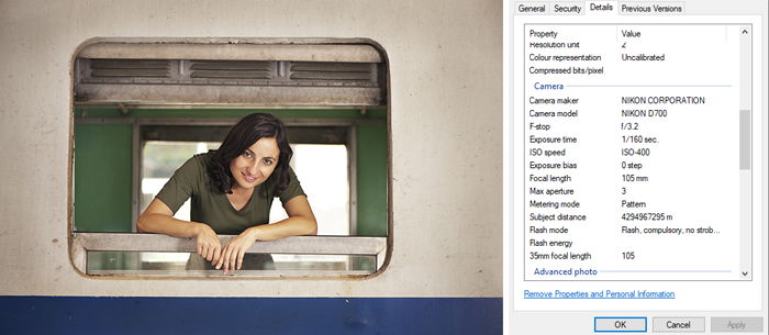 a screenshot of a portrait photo and its exif data