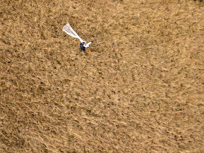 Drone wedding photo on a field