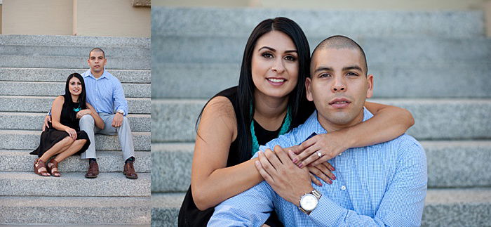 A couple photo where the couple is sitting on some steps 