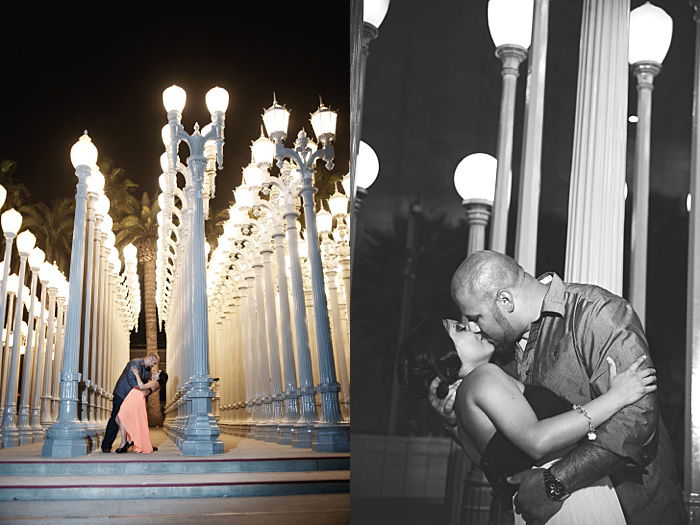 Two photos: one capturing a man and woman sharing an intimate moment amidst the bright lights of a city nightscape, and another showing a couple dancing under the same city lights. 