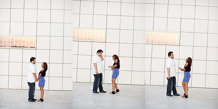 a triptych portrait of a couple trying engagement photo poses indoors