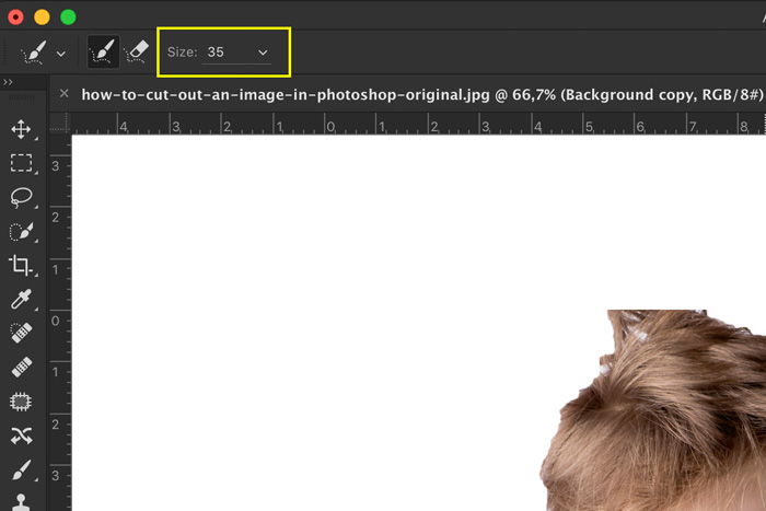 A screenshot showing how to select brush size to Photoshop hair 