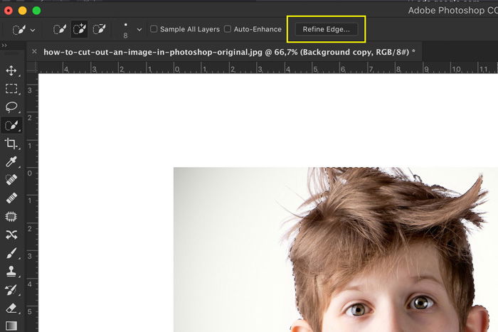 A screenshot showing how to Photoshop hair using refine edge tool 