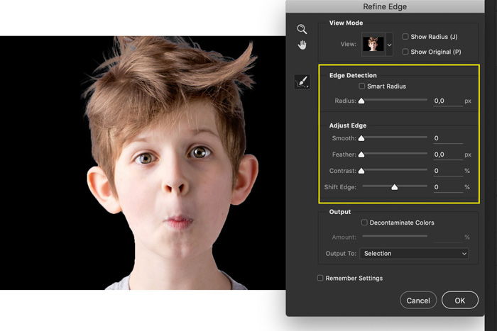 A screenshot showing how to refine edges to Photoshop hair in a portrait