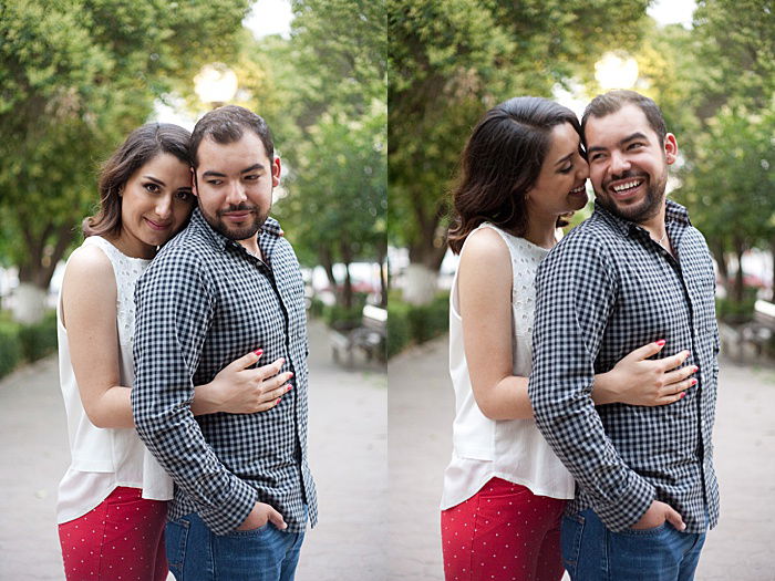 a diptych portrait of a couple trying hug from behind engagement photo poses outdoors