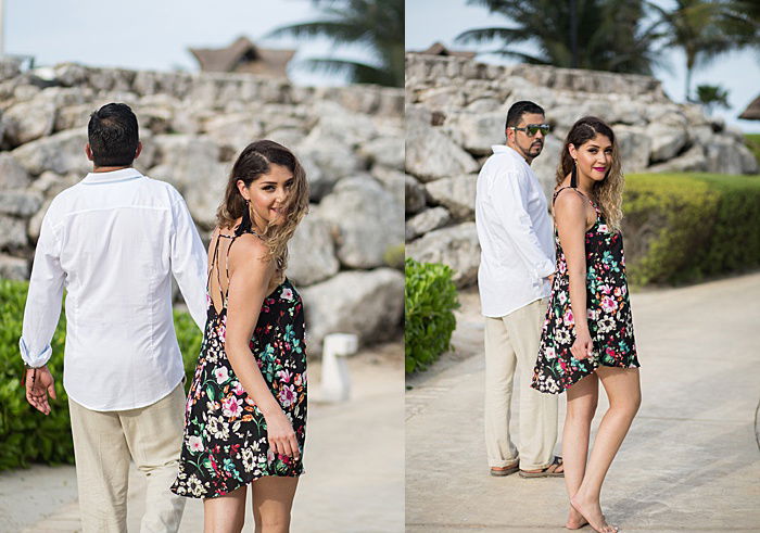 a diptych portrait of a couple trying engagement photo poses outdoors