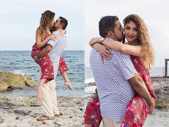 a diptych portrait of a couple trying engagement photo poses outdoors